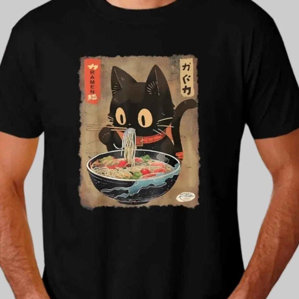 Men's Cute Black Cat Ramen T-Shirt: