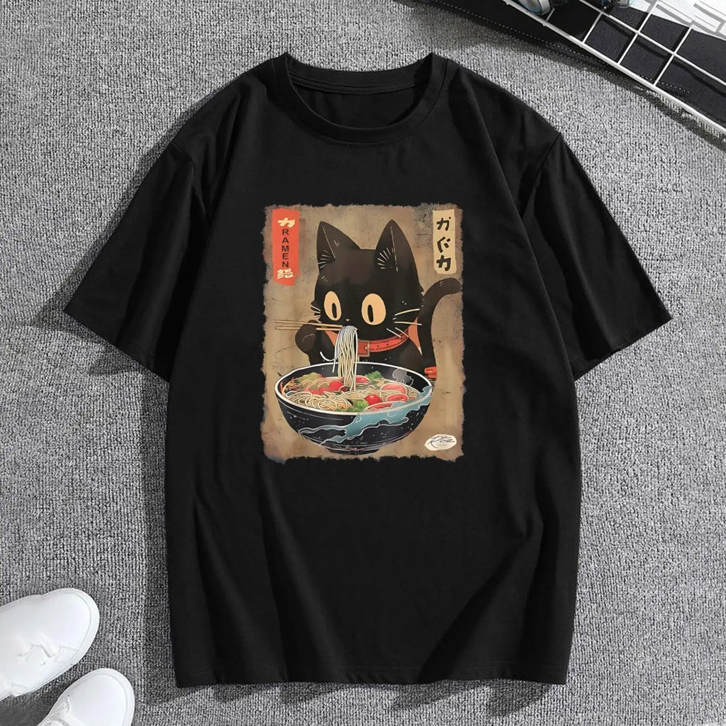 Men's Cute Black Cat Ramen T-Shirt: