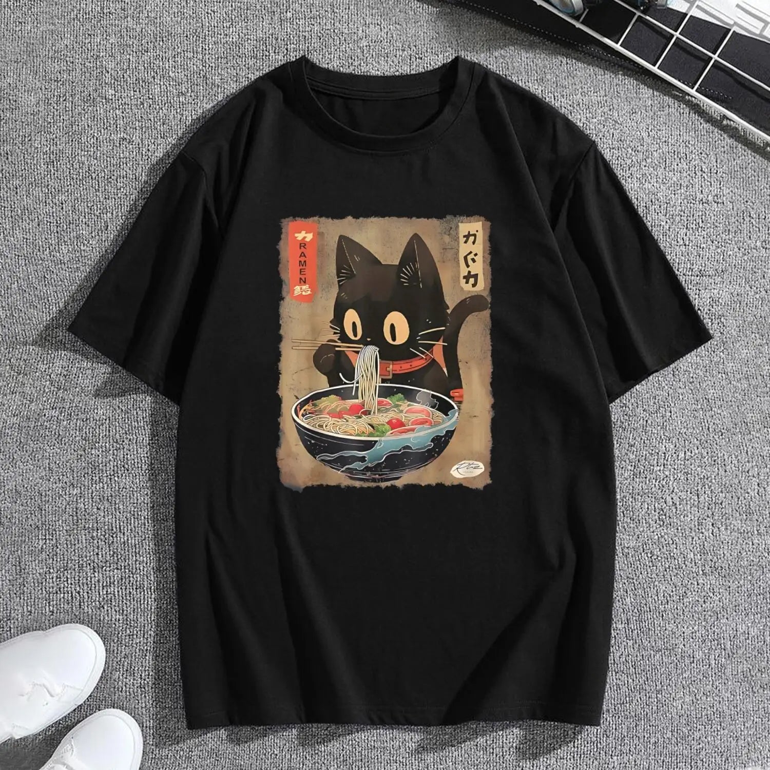 Men's Cute Black Cat Ramen T-Shirt: